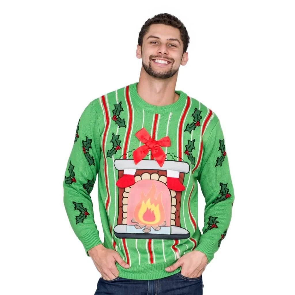 Fireplace LED Light Up Adult Unisex Green Ugly Christmas Sweater - Image 3
