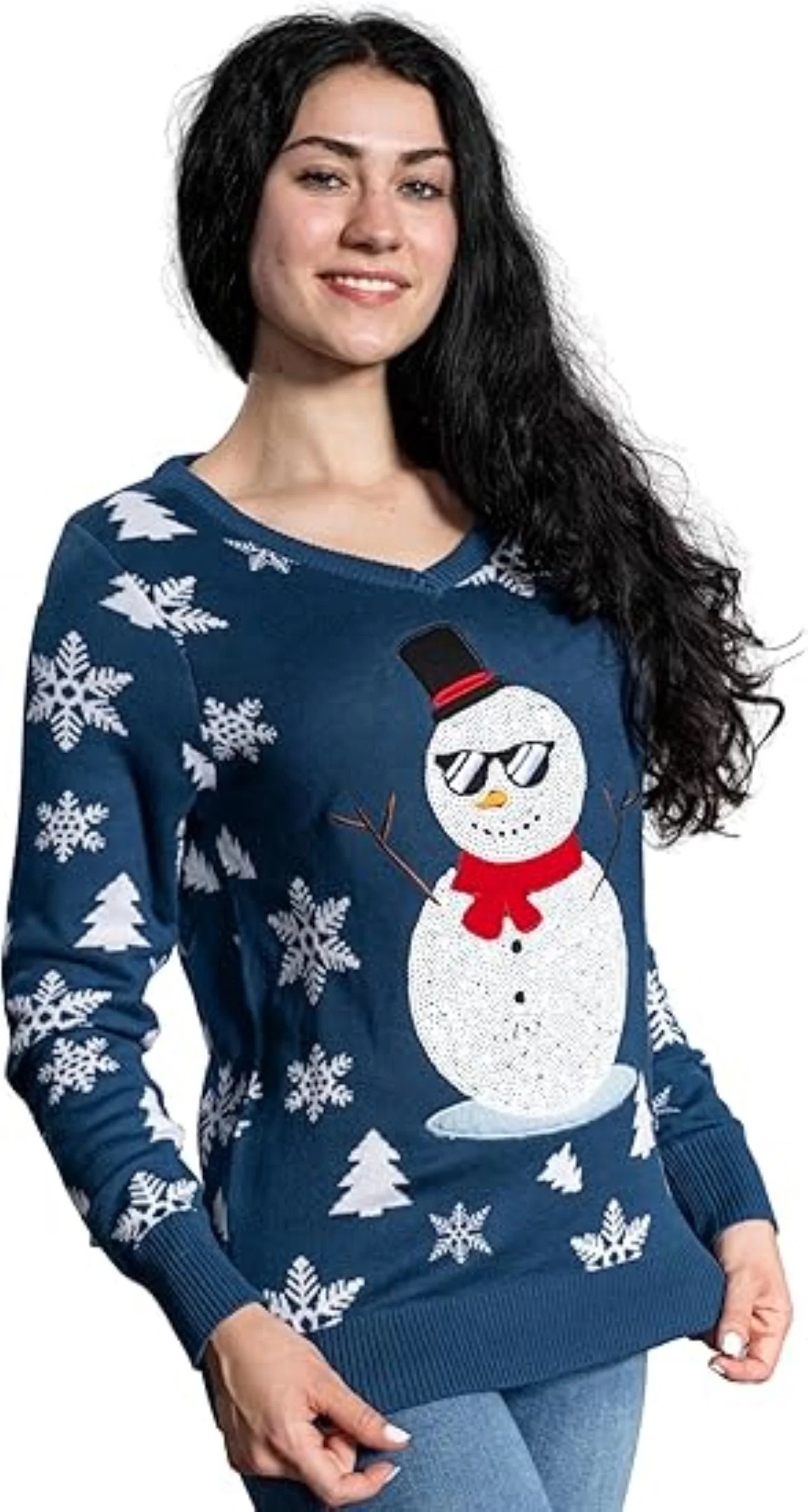 Women’s Flashy Sequin Funny Snowman Ugly Christmas Sweater - Image 3